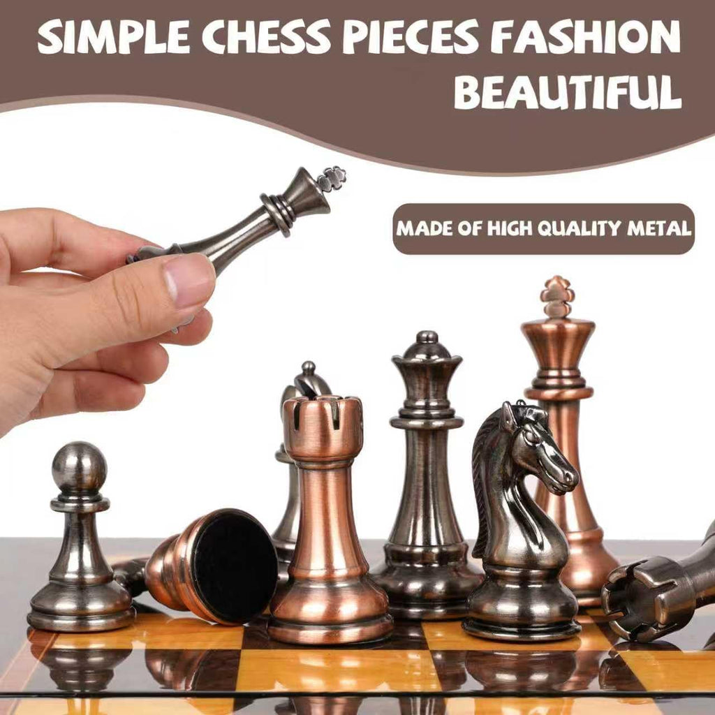 Luxury Metal Chess Set with 15 Inch Wooden Chess Board | Weighted Metal Chess Pieces | 2 Extra Queens | Professional & Tournament Style Chess Set for Adults | Elegant Game Room & Office Decor