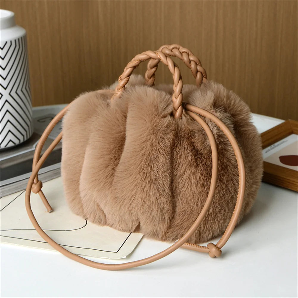 Women'S Crossbody Pumpkin Plush Bag Cute Tote Bags Autumn Winter Fashion Solid Color Handbag Travel Shoulder Bags
