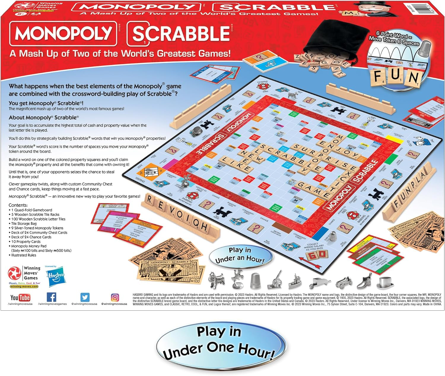 Monopoly Scrabble, Game Mash Up, by  Games USA | Play in under One Hour, Score Your Scrabble Word - Move Your Token, 2 to 4 Players, Ages 8+