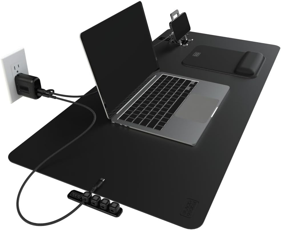 BLACK+DECKER Home Office Kit, 7 PCS Set, Desk Pad, 2-Port PD Charger, Ergonomic Mouse Pad, Phone Stand, Combo Cables, Cable Organizer, Workspace Accessories Perfect for Work-From-Home (Black)