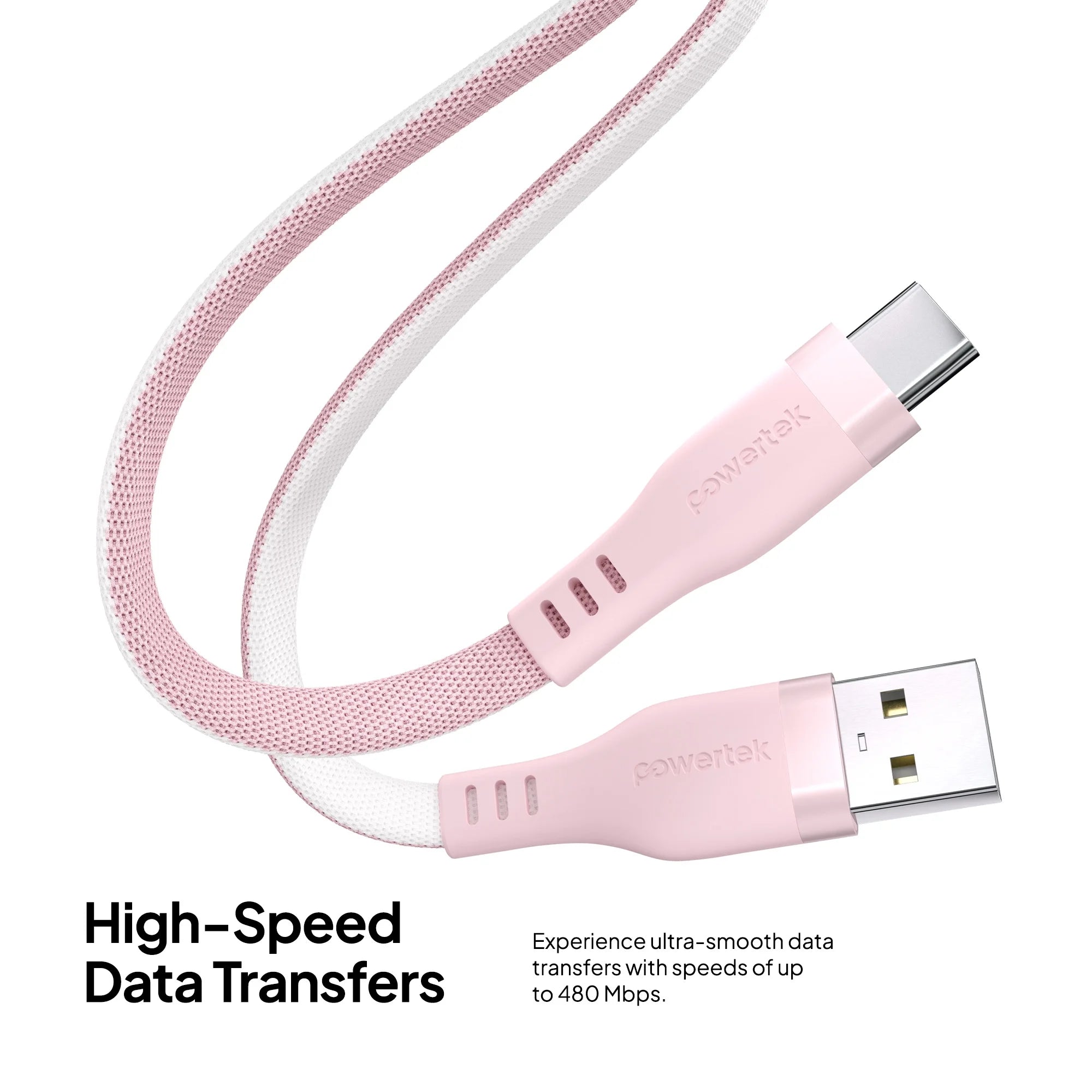 Powertek USB-A to USB-C Two-Tone Pastel Fast Charge Cable, 6 Ft, Pink