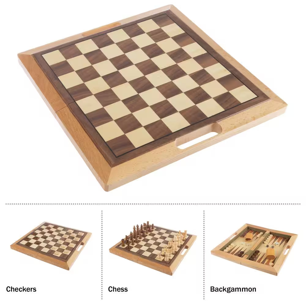 3-In-1 Deluxe Wooden Chess, Backgammon and Chess Set