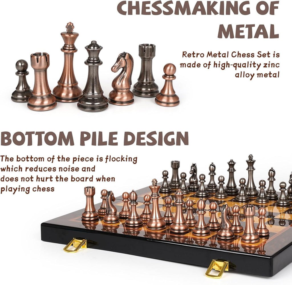 Luxury Metal Chess Set with 15 Inch Wooden Chess Board | Weighted Metal Chess Pieces | 2 Extra Queens | Professional & Tournament Style Chess Set for Adults | Elegant Game Room & Office Decor
