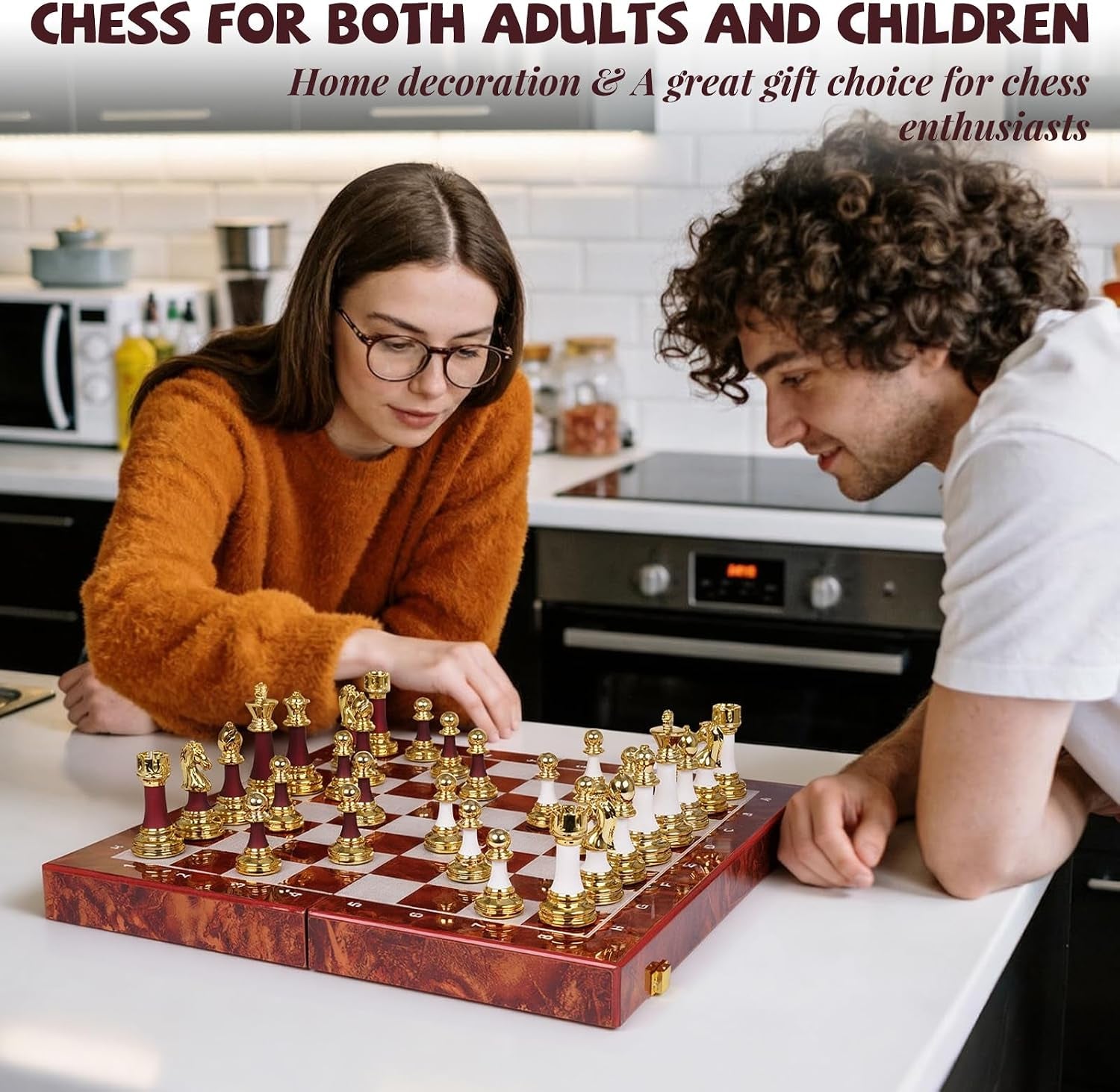 15 Inch Chess Set with Weighted Acrylic Chess Pieces – Tournament Size 3.5” King – Elegant Folding Chess Board for Adults and Kids, Professional Family Chess Board Game Set for Home, Office & Gift