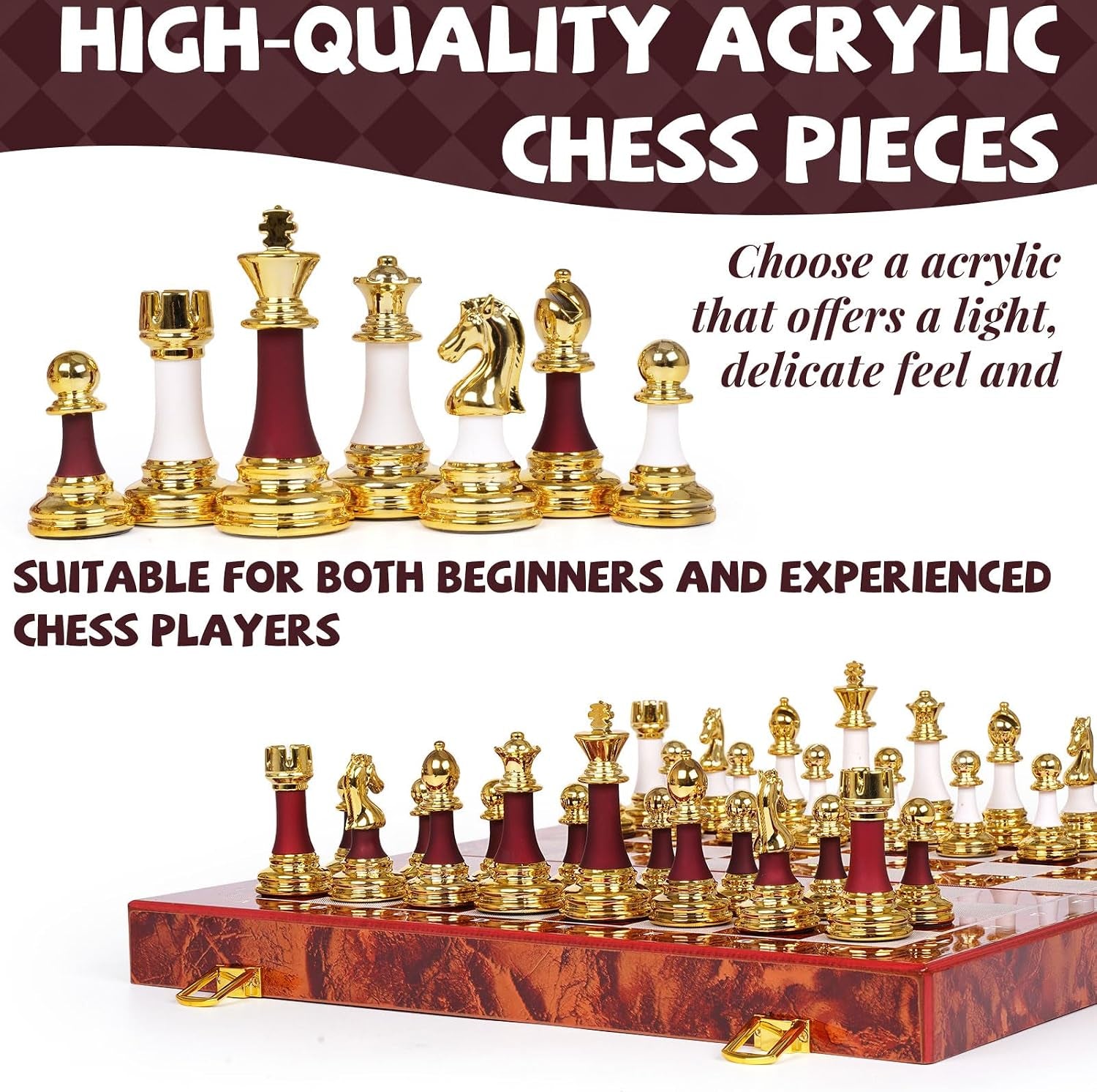 15 Inch Chess Set with Weighted Acrylic Chess Pieces – Tournament Size 3.5” King – Elegant Folding Chess Board for Adults and Kids, Professional Family Chess Board Game Set for Home, Office & Gift