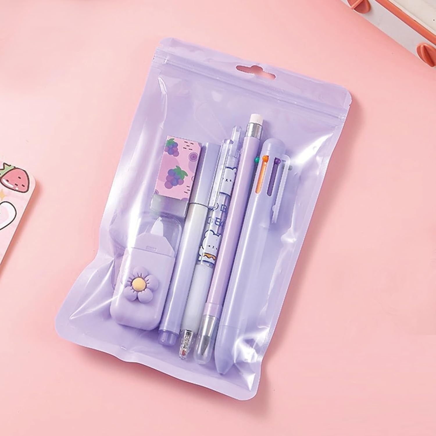 6 Pcs Cute Purple Stationery Set for Women Back to School Supplies Office Supplies Including Gel Ink Pens 6-In-1 Ballpoint Pens Pencil Eraser (Purple)