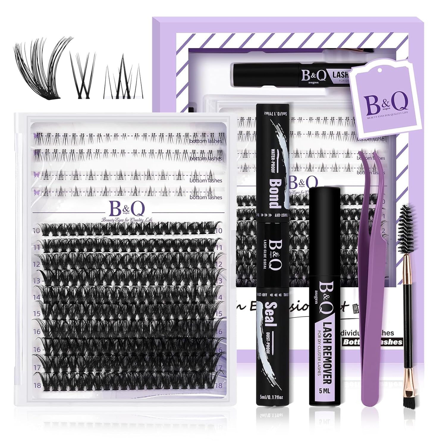 Eyelash Extension Kit with Bottom Lash Extension 10-18Mm 50D D Curl Lash Clusters Kit with Bottom Lashes DIY Lash Extension Kit Bond and Seal Lash Applicator (Kit-50D-D-Mix10-18)