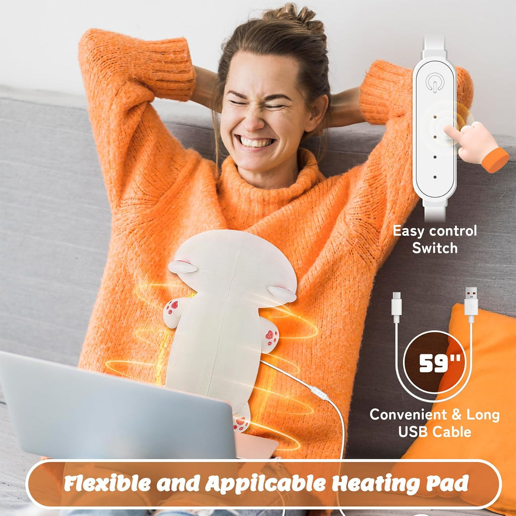 Electric Heating Pad for Period Cramps, Cuddly Soft 14" White Cat Plush with a Hot Soft Belly USB Powered, Heating Pad Neck Shoulder Pain Relief, Gift for Women Daughter Wife