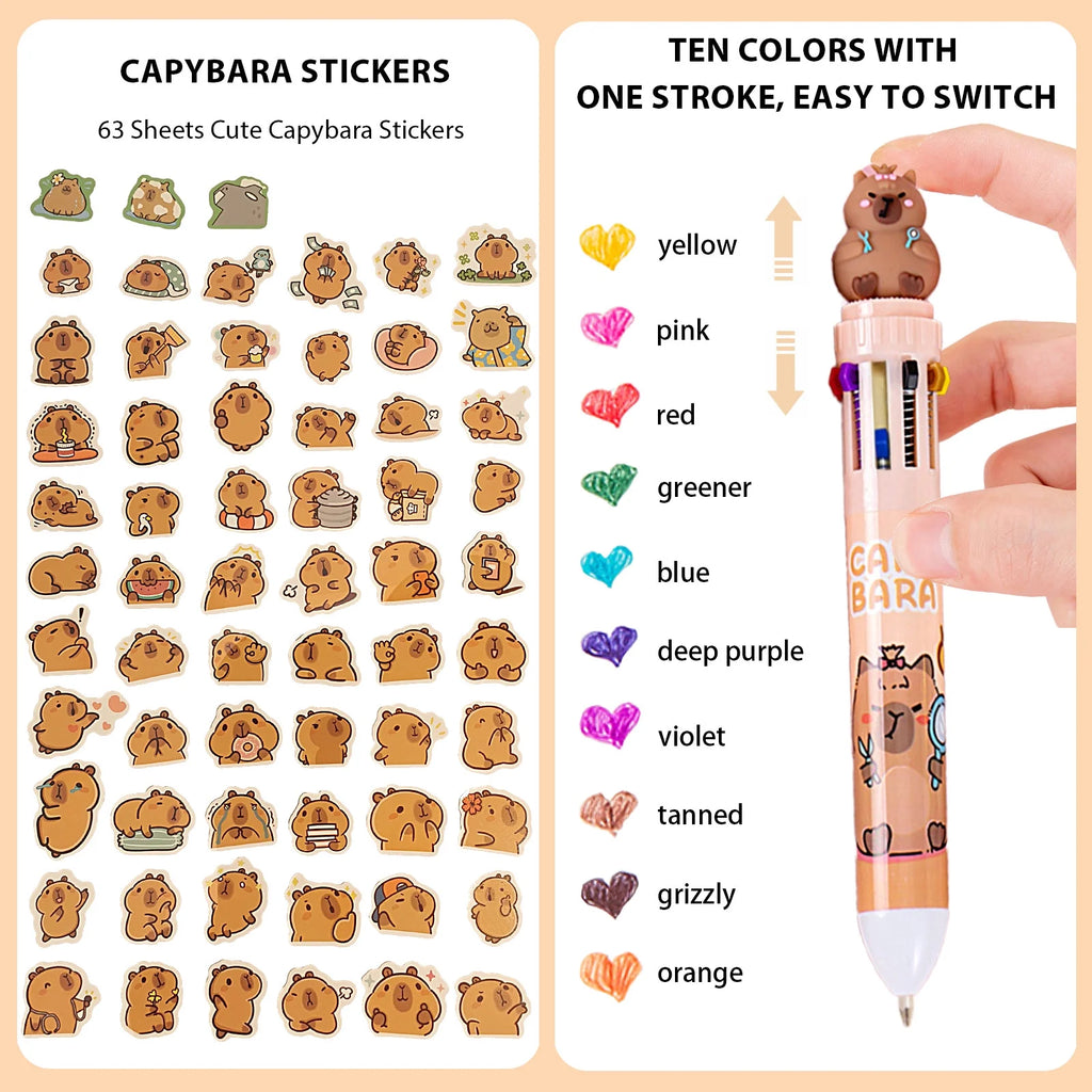 Cute Capybara Stationery Set,Kawaii Stationery Christmas Birthday Gifts,Includes Ballpoint Pens,Erasers, Mechanical Pencils,Lead Refills,Gel Pens, Highlighter,For Office Home Supplies