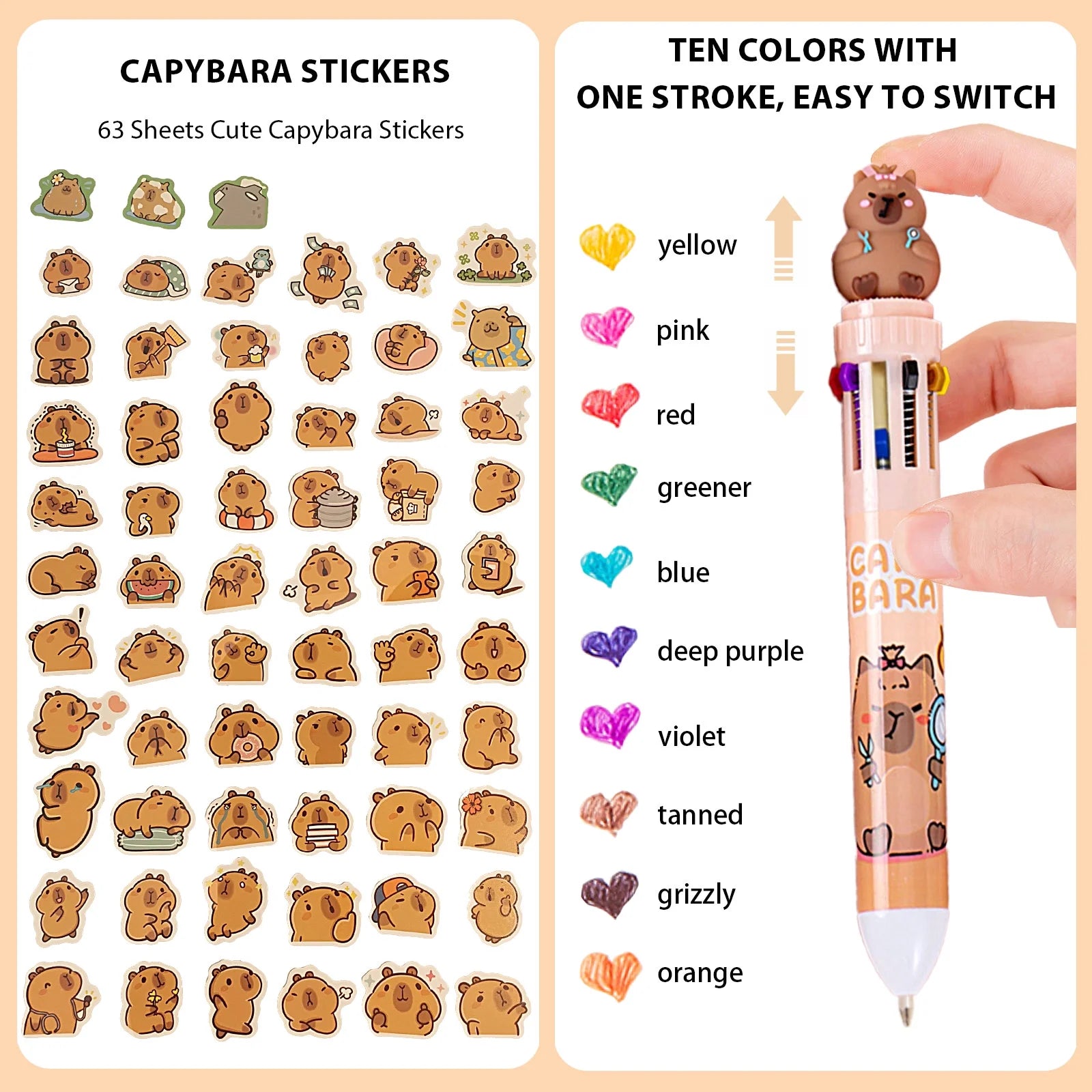 Cute Capybara Stationery Set,Kawaii Stationery Christmas Birthday Gifts,Includes Ballpoint Pens,Erasers, Mechanical Pencils,Lead Refills,Gel Pens, Highlighter,For Office Home Supplies