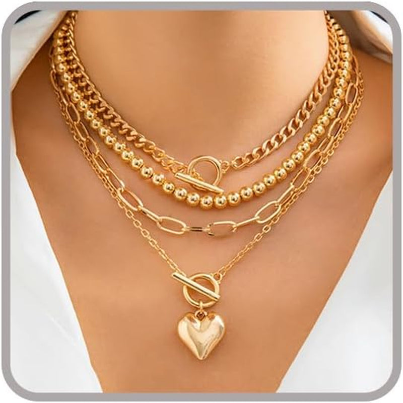 Layered Necklace for Women Non Tarnish Chunky Necklace Stack for Women Paperclip Chain Necklaces Retro Coin Medallion Heart Pendant Necklaces Chunky Jewelry Set