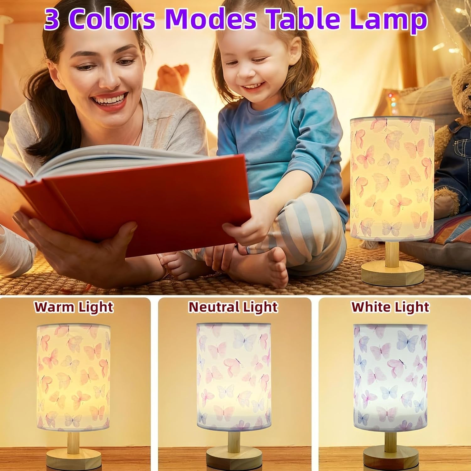 Butterfly Kids Table Lamp for Bedroom,Kids Bedside Lamps 3 Colors Dimmable Nightstand Night Light with Cartoon Flaxen Fabric Shade Desk Lamp for Girls Boys Room Nursery Decor,Butterfly Gifts for Girls