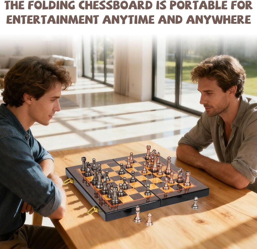 Luxury Metal Chess Set with 15 Inch Wooden Chess Board | Weighted Metal Chess Pieces | 2 Extra Queens | Professional & Tournament Style Chess Set for Adults | Elegant Game Room & Office Decor
