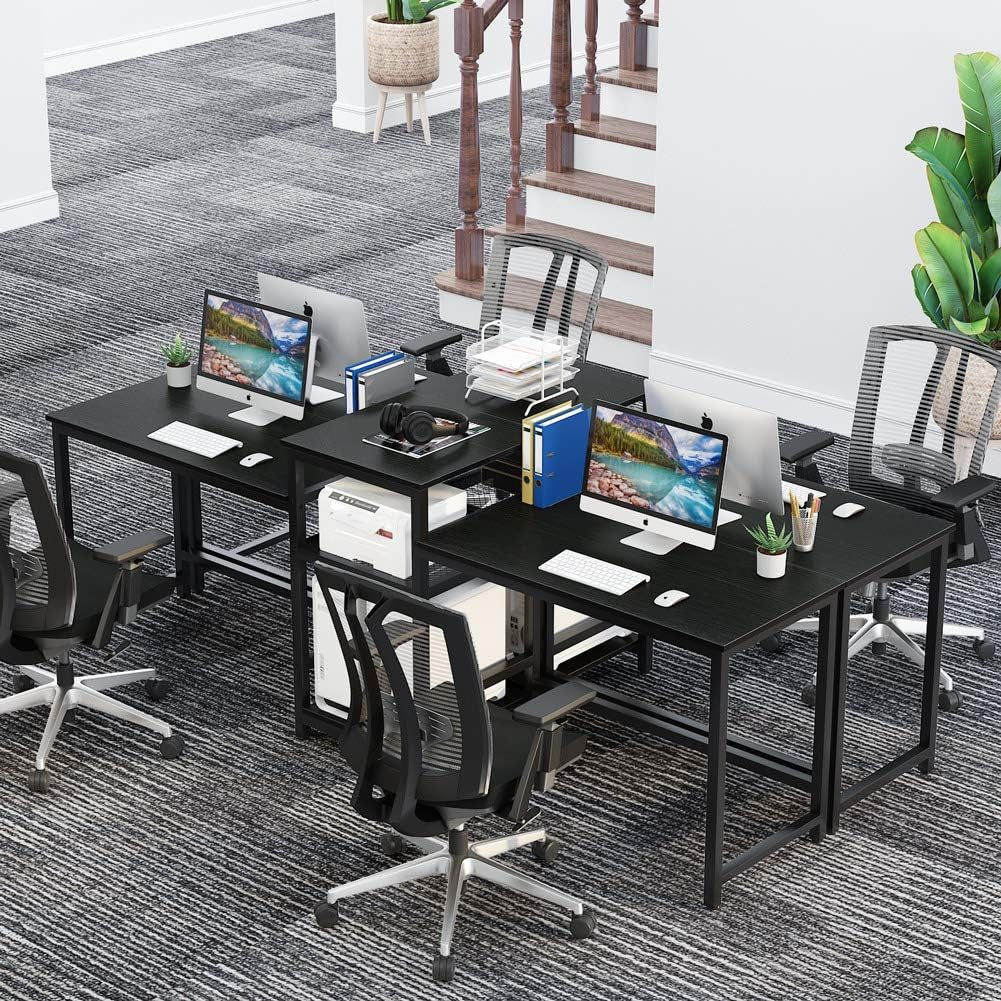Tribesigns 96.9" Double Computer Desk with Printer Shelf, Extra Long Two Person Desk Workstation with Storage Shelves, Large Office Desk Study Writing Table for Home Office (Black)