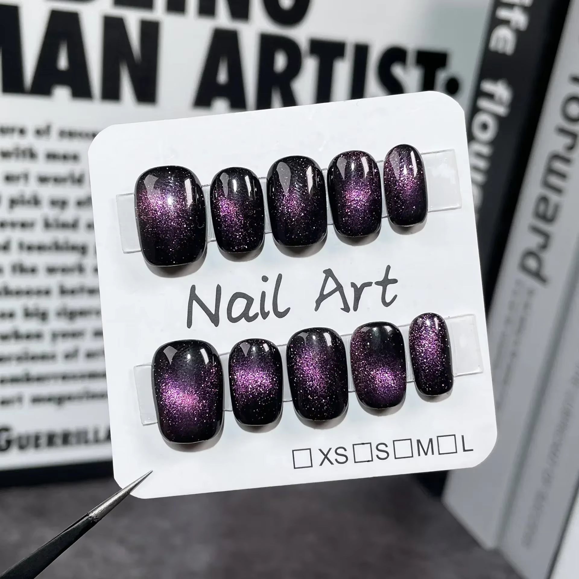 10Pcs Black Handmade Press on Nails Short round Head Cat Eye Design Full Cover Fake Nails Artificial Wearable Manicure Nail Tips