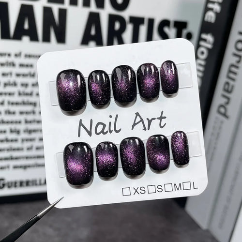 10Pcs Black Handmade Press on Nails Short round Head Cat Eye Design Full Cover Fake Nails Artificial Wearable Manicure Nail Tips