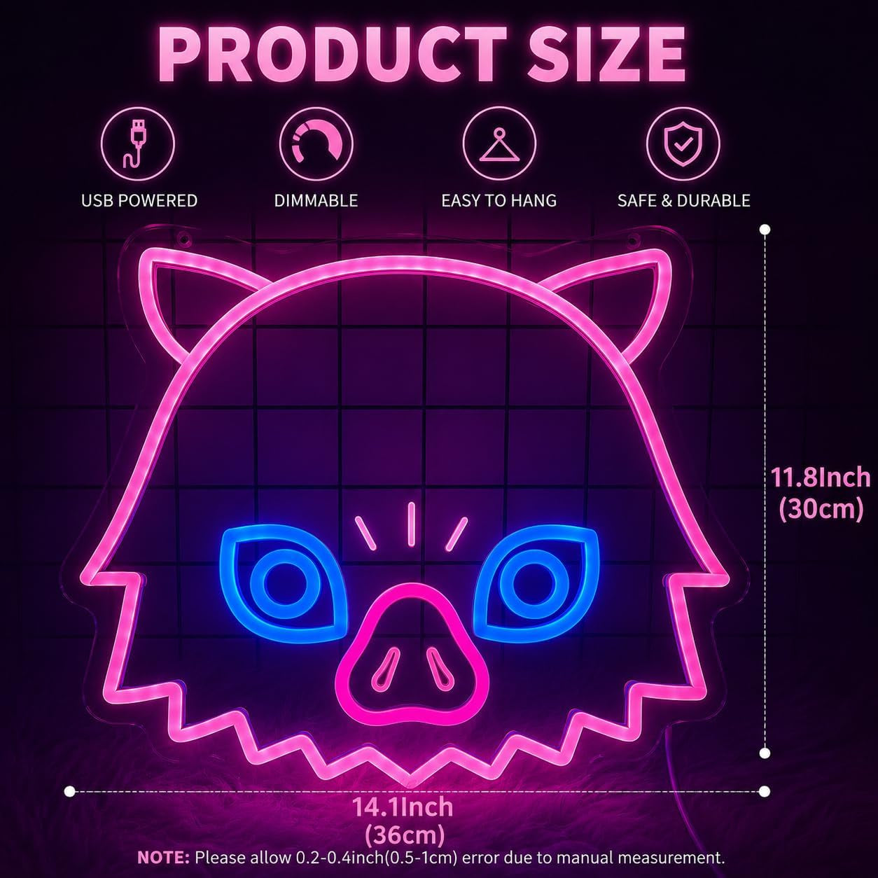 Anime Neon Sign for Wall Decor, 14.1 X 11.8 Inches, Demon LED Lights with USB Powered, Dimmable LED Neon Light for Bedroom, Game Room, Otaku Decor