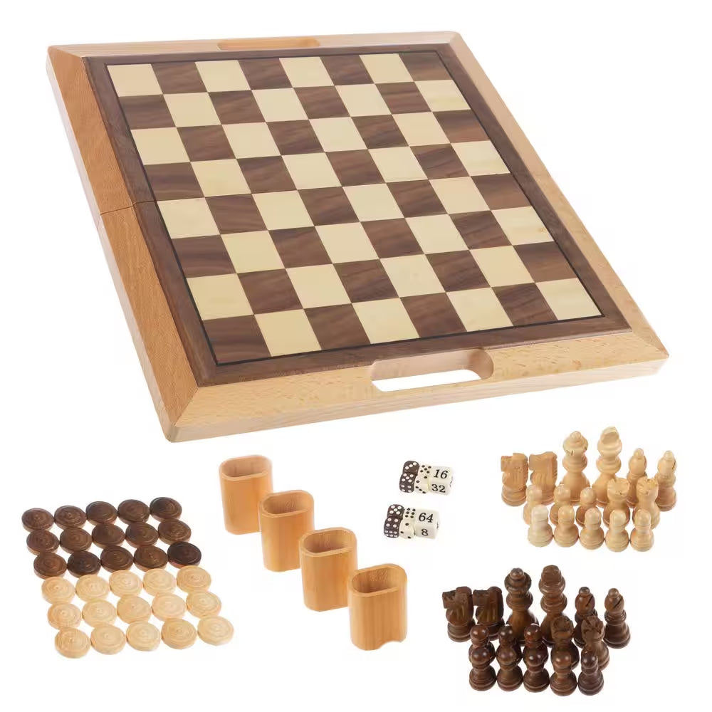 3-In-1 Deluxe Wooden Chess, Backgammon and Chess Set
