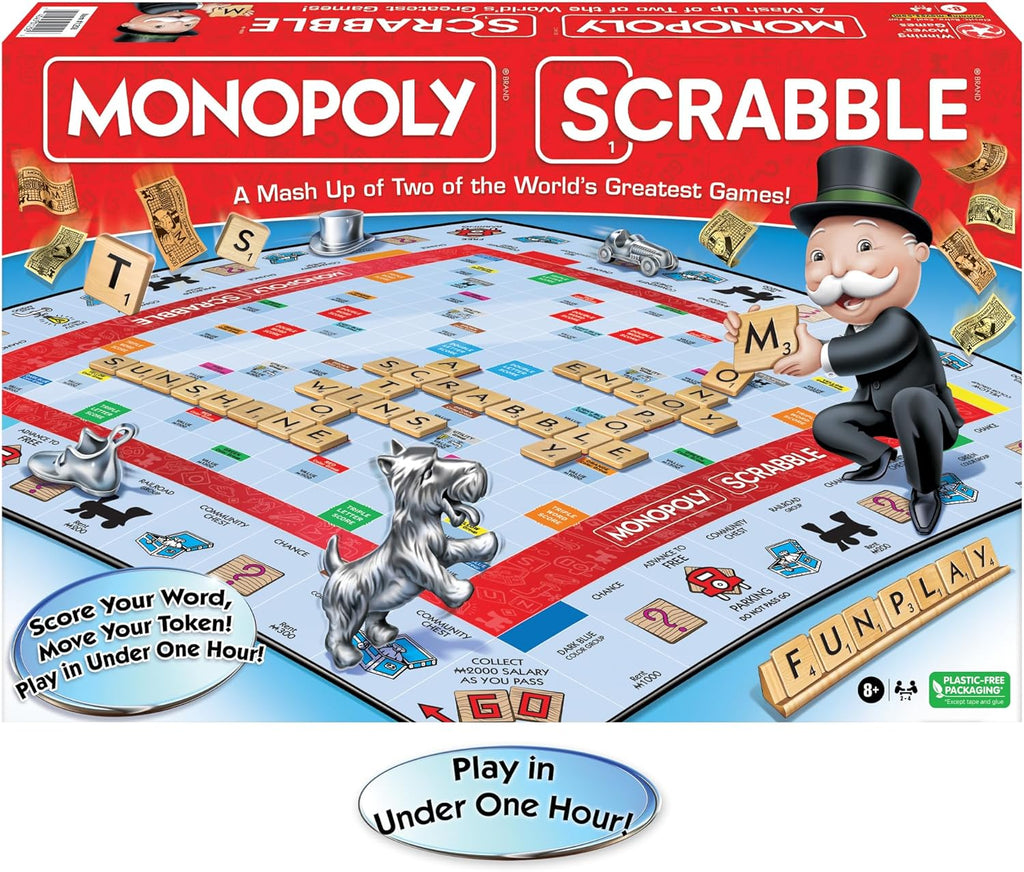 Monopoly Scrabble, Game Mash Up, by  Games USA | Play in under One Hour, Score Your Scrabble Word - Move Your Token, 2 to 4 Players, Ages 8+