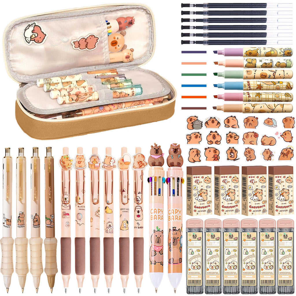 Cute Capybara Stationery Set,Kawaii Stationery Christmas Birthday Gifts,Includes Ballpoint Pens,Erasers, Mechanical Pencils,Lead Refills,Gel Pens, Highlighter,For Office Home Supplies