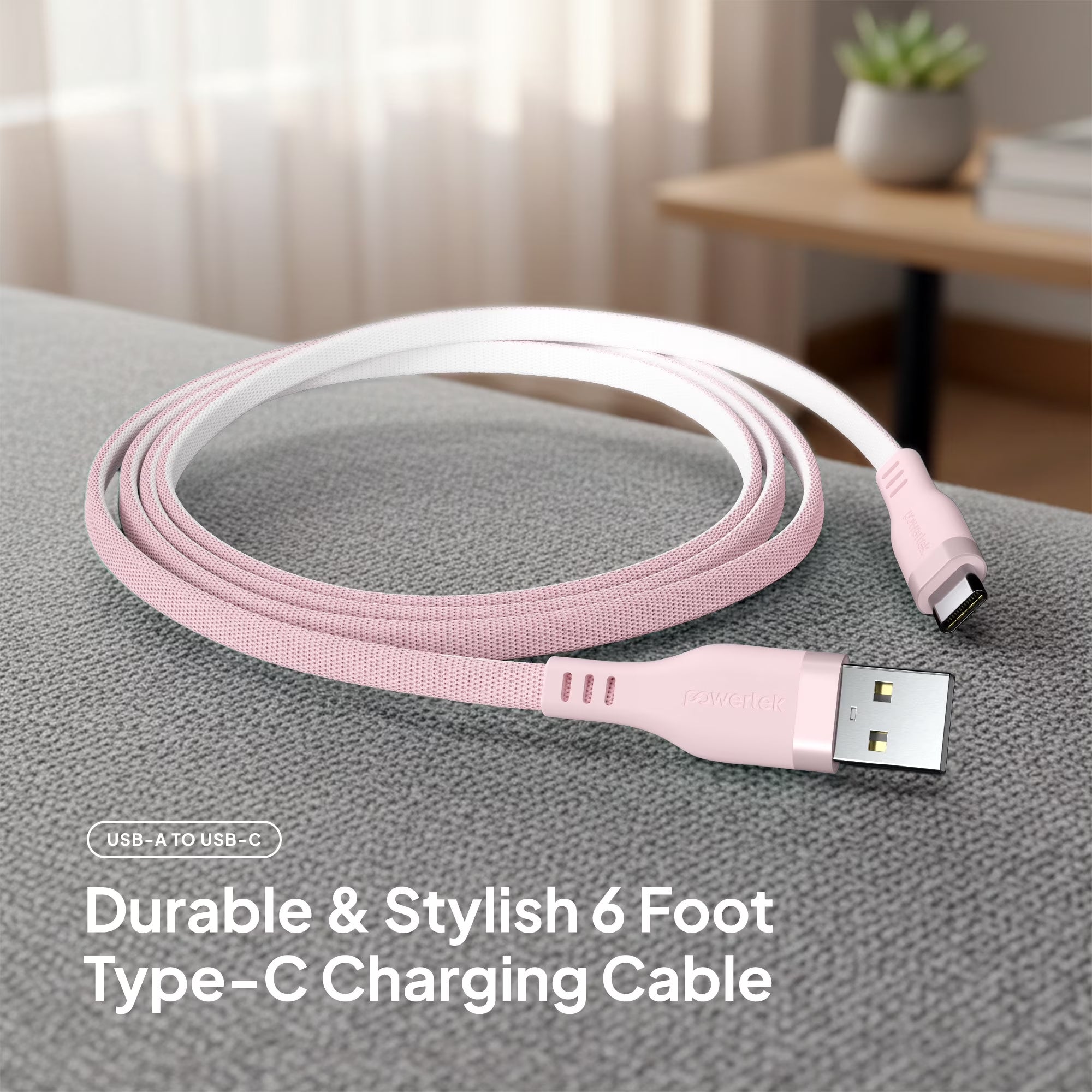 Powertek USB-A to USB-C Two-Tone Pastel Fast Charge Cable, 6 Ft, Pink