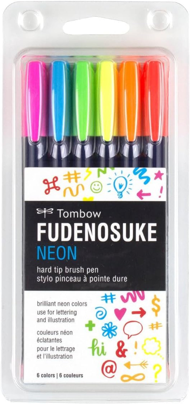 56437 Fudenosuke Neon Brush Pen, 6-Pack. Hard Tip Fudenosuke Brush Pens in Assorted Neon Colors for Calligraphy and Art Drawings