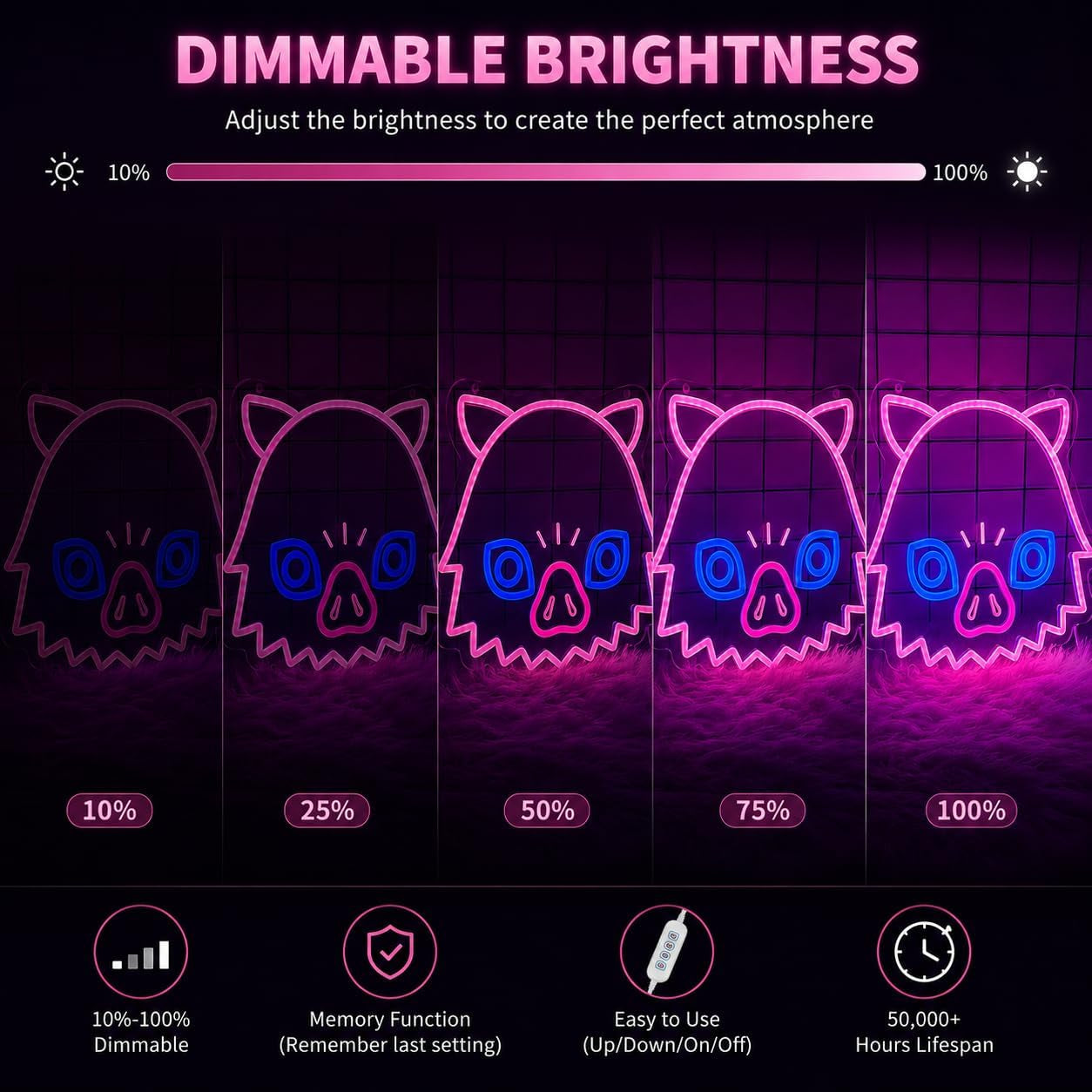 Anime Neon Sign for Wall Decor, 14.1 X 11.8 Inches, Demon LED Lights with USB Powered, Dimmable LED Neon Light for Bedroom, Game Room, Otaku Decor
