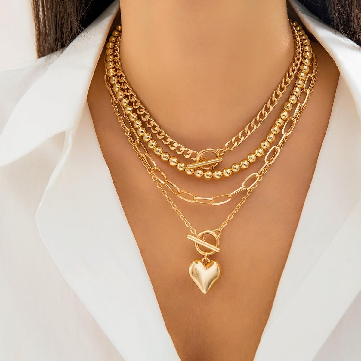 Layered Necklace for Women Non Tarnish Chunky Necklace Stack for Women Paperclip Chain Necklaces Retro Coin Medallion Heart Pendant Necklaces Chunky Jewelry Set