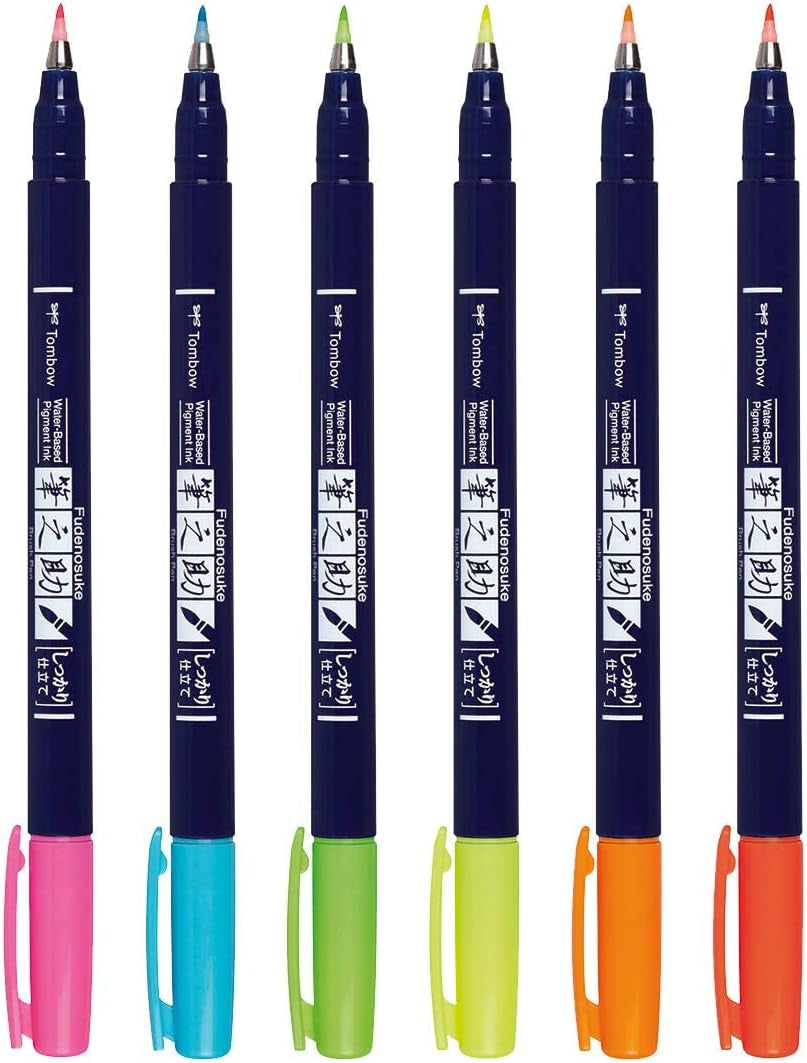 56437 Fudenosuke Neon Brush Pen, 6-Pack. Hard Tip Fudenosuke Brush Pens in Assorted Neon Colors for Calligraphy and Art Drawings