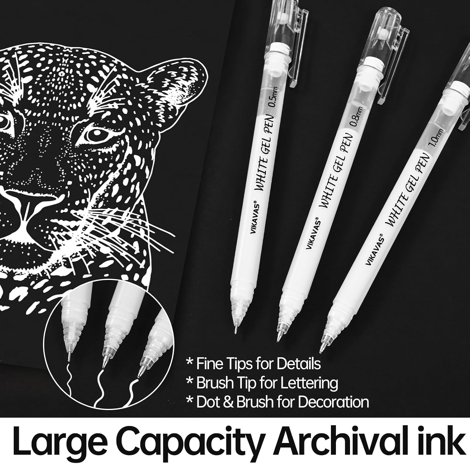 6PCS White Gel Pens for Dark Paper – 3 Fine Gel Pens (1.0Mm, 0.8Mm, 0.5Mm) + 2 Dual-Tip Acrylic Paint Pens + 1 Liquid Ink Brush Pen for Adult Artists Journaling, Illustration, Lettering