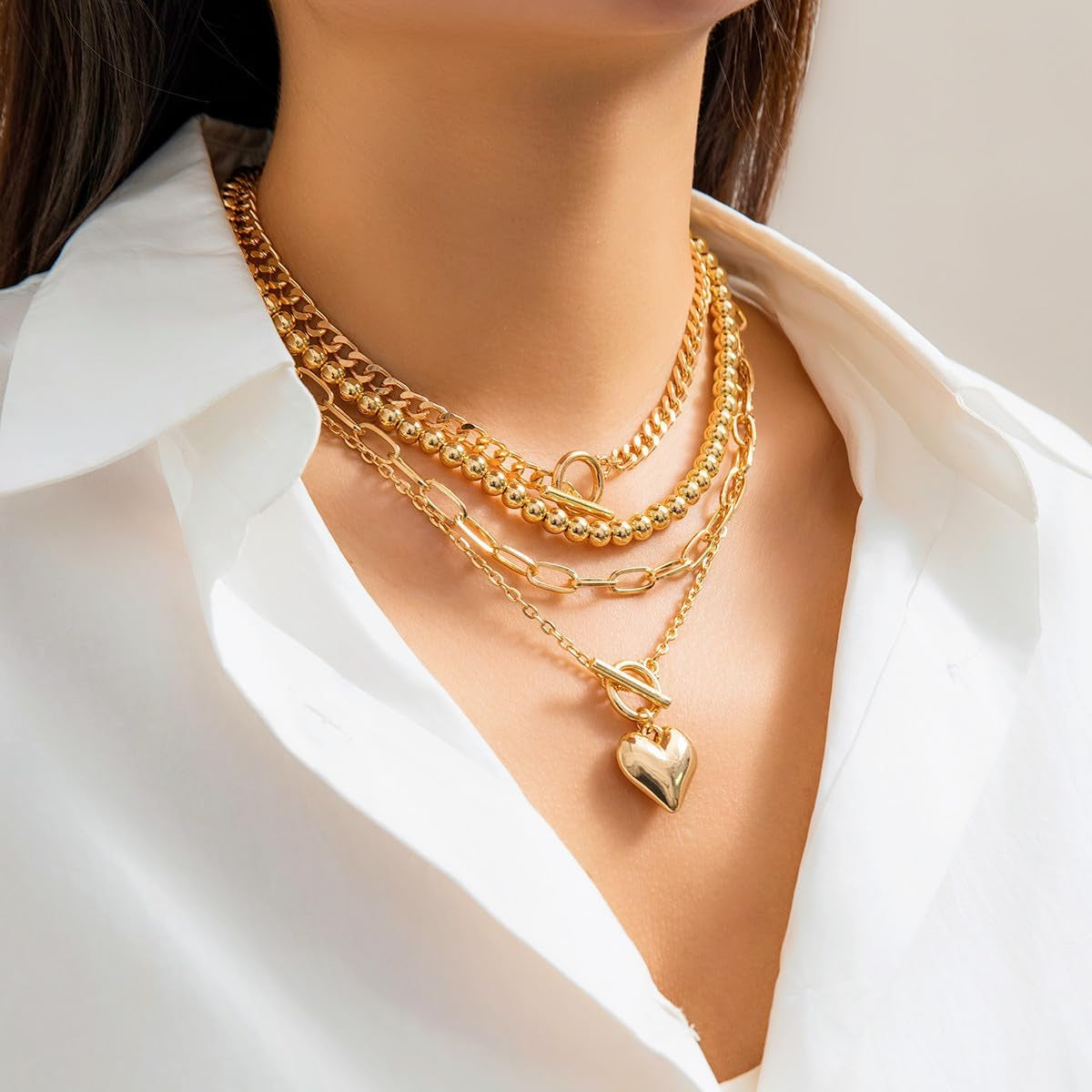 Layered Necklace for Women Non Tarnish Chunky Necklace Stack for Women Paperclip Chain Necklaces Retro Coin Medallion Heart Pendant Necklaces Chunky Jewelry Set