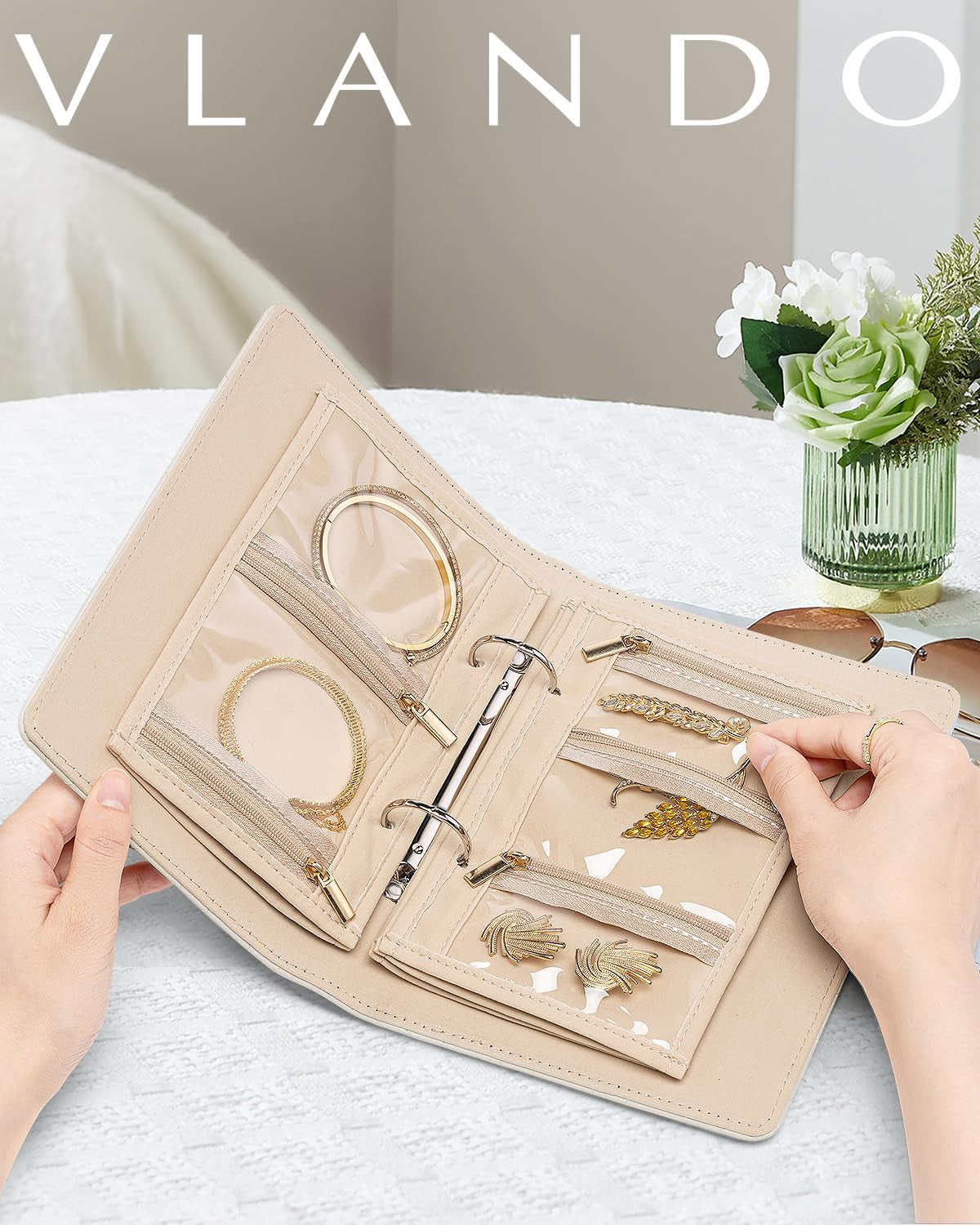 Travel Jewelry Organizer Case,Mom Gifts from Daughter,Jewelry Storage Book Ring Binder with Clear Zipper Velvet Jewelry Pouch Bag,Travel Essentials for Rings,Necklace,Earrings-Olive Green