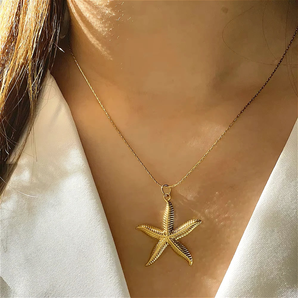 Ocean Series Golden Choker Stainless Steel Pendant Necklace for Women Shell Starfish Pendants Women'S Chunky Jewelry Accessories