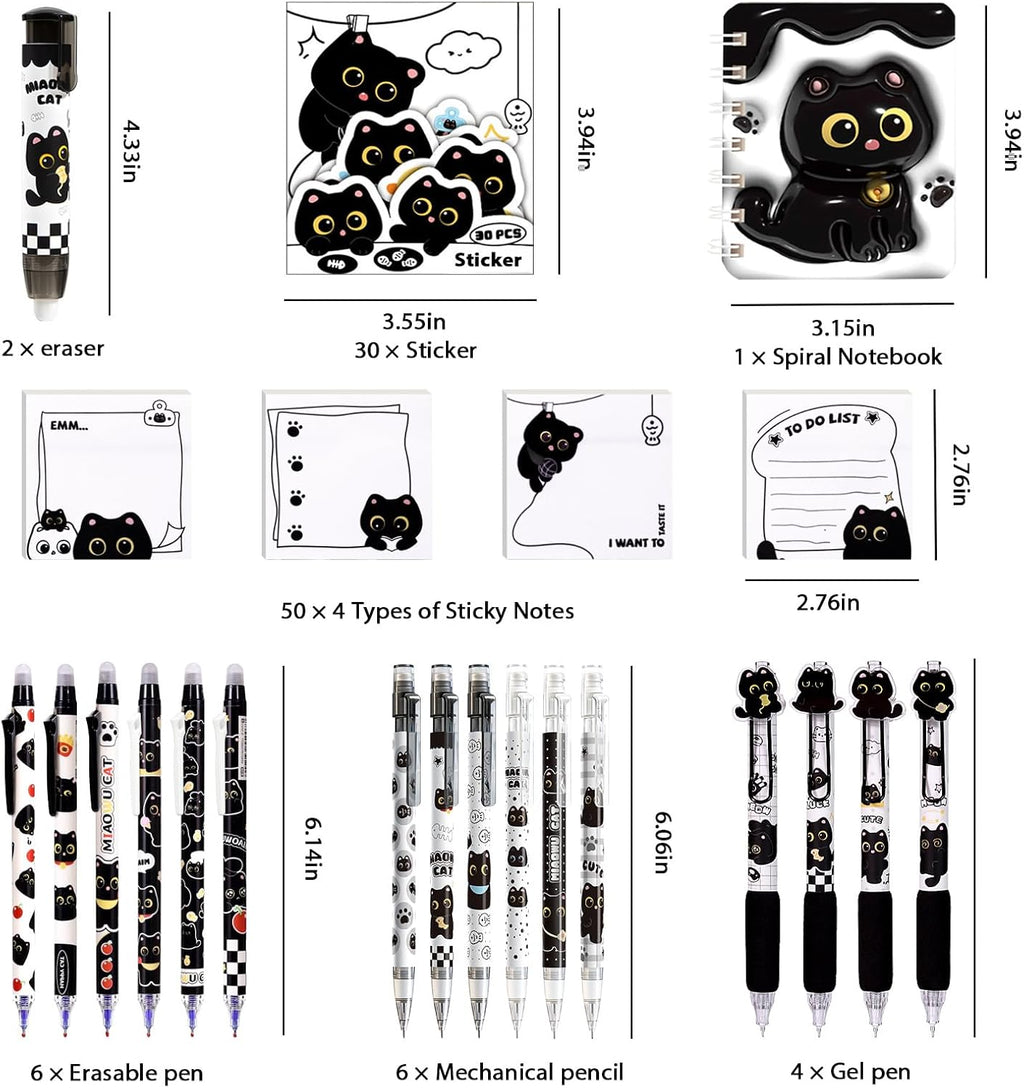 Black Cute Cat Stationery Set Cat School Supplies Including Sticky Notes,Mechanical Pencils,Eraser,Notebook,Stickers Etc Kawaii Birthday Gifts Classroom Rewards (Black Cute Cat)